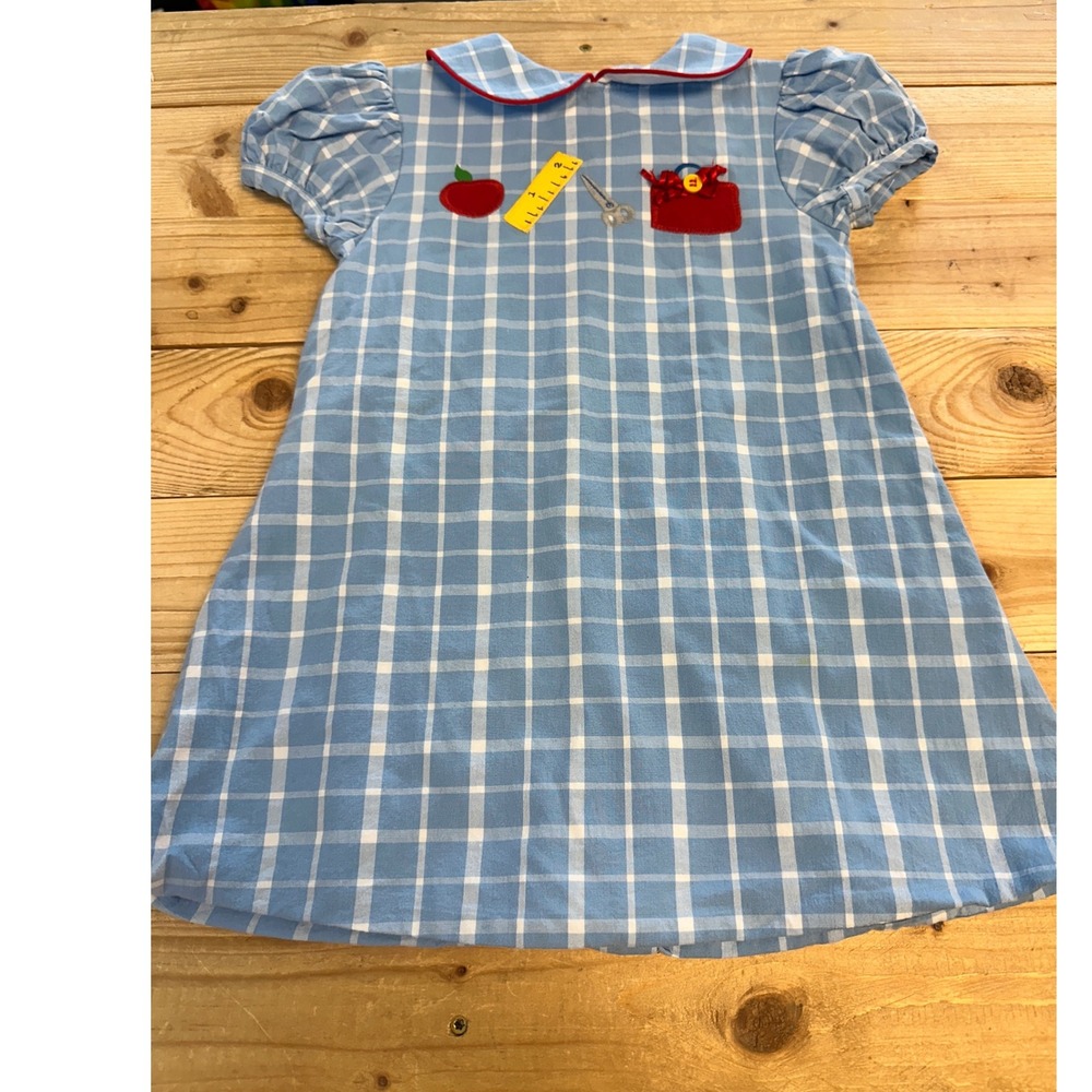 Girls' Blue Plaid Casual Dress with Red Appliqué